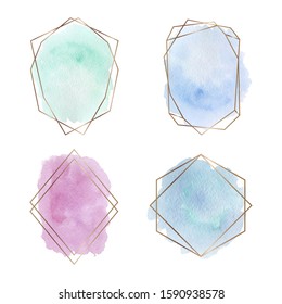 Pink, blue and green brush stroke watercolor texture with gold polygonal frames. Geometric shape with watercolor washes. Trendy templates for banner, flyer, poster, save the date, greeting