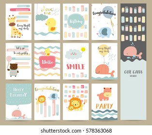 Pink blue green collection for banners,Flyers,Placards with giraffe,bear,tiger,duck,whale,hippo and elephant