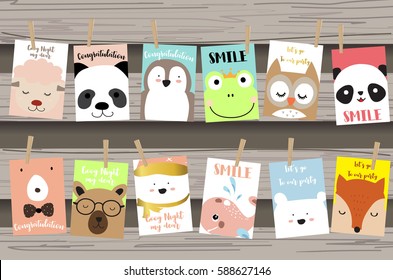 Pink blue green collection for banners,Flyers,Placards with owl,bear,penguin,fox,sheep,fog,whale and panda