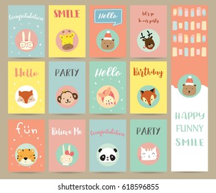 Pink blue green collection for banners,Flyers,Placards with bear,fox,rabbit,cat,reindeer,panda,tiger,giraffe and monkey
