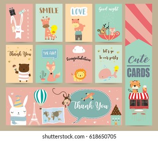 Pink blue green collection for banners,Placards with fox,cactus,bubble talk,balloon,tiger,rabbit,monkey,bear and eiffel tower