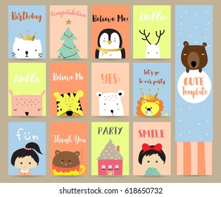 Pink blue green collection for banners,Placards with bear,cat,reindeer,lion,tiger,girl,house and christmas tree