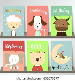 Pink blue green collection for banners,Placards with sheep,dog,buffalo,elephant,bear and moon