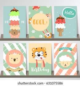 Pink blue green collection for banners,Placards with bear,ice cream,tiger and sheep