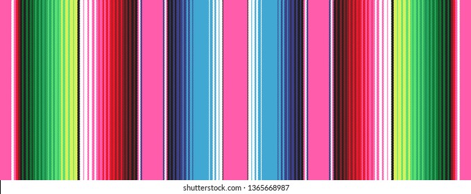 Pink Blue Green Mexican Blanket Serape Stripes Seamless Vector Pattern. Rug Texture with Threads. Background for Cinco de Mayo Party Decor or Mexican Food Restaurant Menu. Pattern Tile Swatch Included