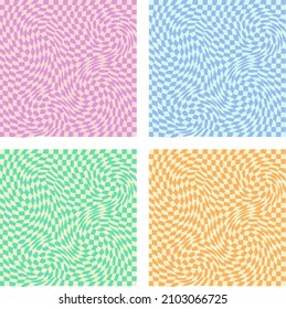 Pink, blue, green, and orange pastel swirl checkerboard backgrounds with trippy swirl effects. Isolated vector images. Non-tiling backgrounds.