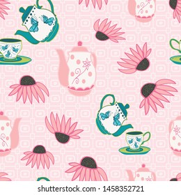 Pink, blue and green teapots and cups decorated with flowers and butterflies, surrounded by pink echinacea flowers on a lacey pink and white background. 