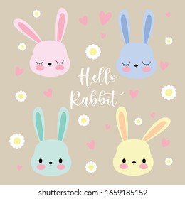 pink blue green and yellow cute rabbit cartoon vector 