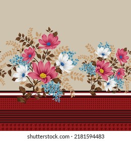 pink blue and grey vector stock flowers bunches border with black and red stripe pattern