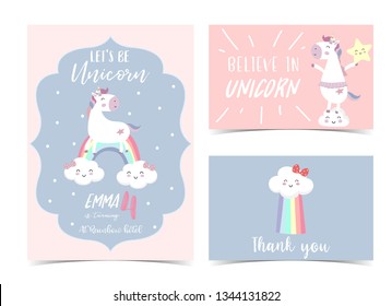 Tarjeta postal dibujada a mano azul rosa con arco iris, estrella, nube, unicornio y lluvia