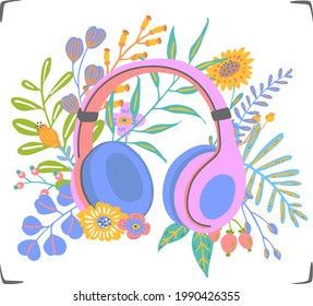 pink and blue headphones decorated with floral bouquet isolated vector illustration