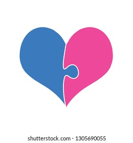 Corazón Rosa Y Azul Montaje De Dos Piezas De Puzzle Aisladas En Fondo Blanco. Símbolo sexual. Interacción de género entre hombre y mujer. Icono de caricatura, Día de San Valentín. Amor Heterosexual Pareja. Vector