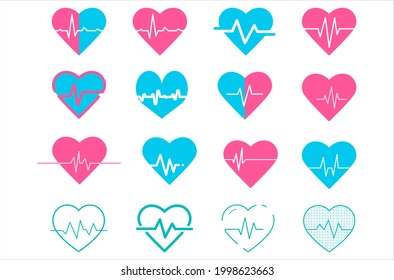 Pink and blue heart icon set with sign heartbeat. Love symbol. Valentine heart of love. Green heart line icon set for medical app icon