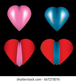 Pink and blue heart inside a red heart.