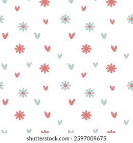 Pink blue hearts flowerson isolated white background Seamless pattern Lovely romantic design Textiles Fabric Wallpaper decorative Wrapping paper Valentine's Day Print for fabrics Flat style