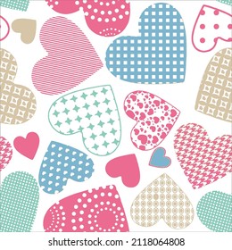 pink with blue Hearts Seamless pattern. Hand drawn doodles Vector illustration. Happy Valentine's day. Colorful Valentine background.Seamless Valentine's Day pattern with patchwork hearts