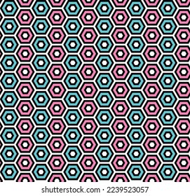 Pink and blue hex honeycomb pattern on white background. Colorful seamless interlocking hexagon pattern on white backdrop.