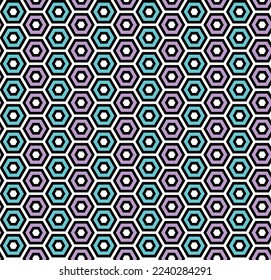 Pink and blue hex honeycomb pattern on white background. Colorful seamless interlocking hexagon pattern on white backdrop.