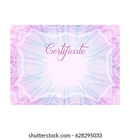 Pink and blue horizontal guilloche certificate template, official paper, document certifying education qualification award, final exam result, rosette pattern, vector illustration on white