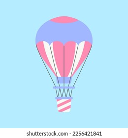 Pink and blue hot air balloon flying in sky flat vector illustration. Cute blue hot air balloon, transport for tourists isolated on blue background. Transportation, tourism, journey concept