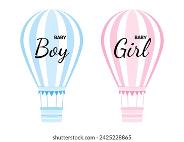 Pink and blue hot air balloons. Baby gender reveal party - girl or boy. He or she? Postcard, invitation, sticker