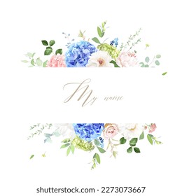 Pink and blue hydrangea, white peony, magnolia, rose, ranunculus, spring garden flowers, eucalyptus, greenery, fern, vector design frame. Wedding summer collection. Elements are isolated and editable