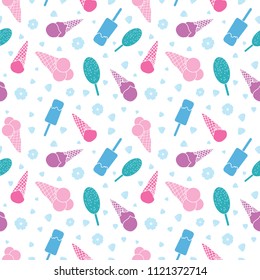 Pink blue ice cream and flowers seamless pattern. Great for yummy summer dessert wallpaper, backgrounds, packaging, fabric, scrapbooking, and giftwrap projects. Surface pattern design.