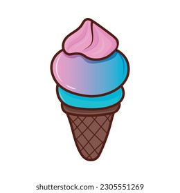 pink blue ice cream in a waffle cone isolated on a white background. A vector flat outline icon. Comic character in cartoon-style illustration 