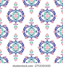 Patrón sin fisuras ikat rosa y azul con adorno decorativo. Ilustración vectorial en estilo oriental. Relación textil. Ikat Fondo de pantalla vintage y patrón de azulejos.