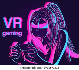 Pink and blue illustration of a gamer girl playing on a console. Neon vector of virtual reality and futuristic robot with glasses. Artificial Intelligence conceptual art.