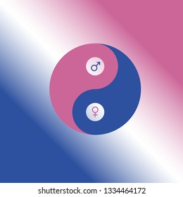 Pink and blue jin jang symbol with symbols of men and women inside.