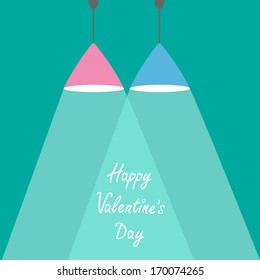 Pink and blue lamps with rays of light. Flat design. Happy Valentines Day card.  Vector illustration