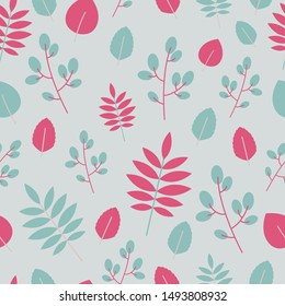 Pink and blue leaves pattern on grey background, design for print in flat style