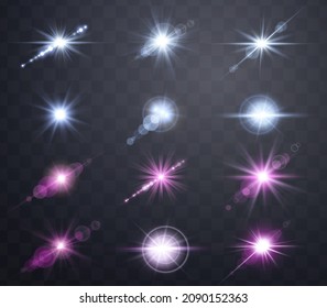 Pink and blue lens flares set.
Isolated on transparent background. Sun flash with rays or spotlight and bokeh. Glow flare light effect. Vector illustration.
