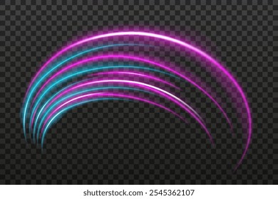 Rayo de luz rosa y azul con un reflejo curvo y agudo. Diseños de ciencia ficción, transiciones de luz y efectos futuristas. Brillantes rayas de neón y brillo dinámico sobre fondo transparente