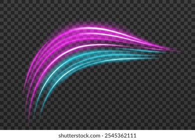 Rayo de luz rosa y azul con un reflejo curvo y agudo. Diseños de ciencia ficción, transiciones de luz y efectos futuristas. Brillantes rayas de neón y brillo dinámico sobre fondo transparente