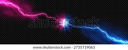 Pink and blue lightning bolts collision. Vector illustration of realistic shock burst flash and color fog on dark checkered background, perfect for 