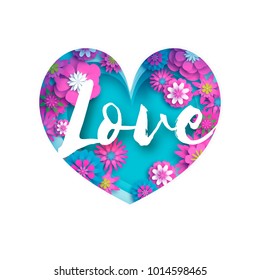 Pink Blue Love text in paper cut layered heart. Origami Happy Valentines day Greetings card. Romantic Holidays on blue sky. 14 February. Flowers. Spring blossom. Modern decoration. Vector