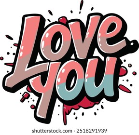 Pink Blue Love you text with splash background and hearts Illustration