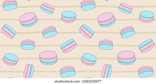 Pink and blue macaroons on a beige background with stripes and polka dots. Endless texture with French sweet pastries. Vector seamless pattern for bakery, pastry shop, confectionery or surface texture