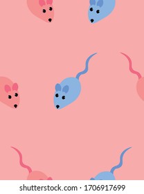 Pink and blue mice. Seamless pattern. Design for gift, greeting card, clothes and flyer. Pet shop, shelter and veterinary clinic.
