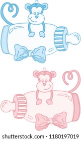 Pink and blue monkey with baby milk bottle

