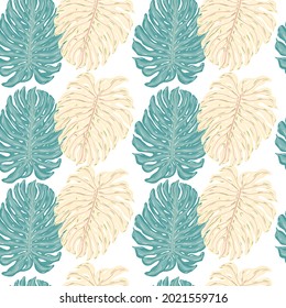 Pink and blue monstera leaves shapes seamless doodle pattern. Isolated print. Palm foliage artwork. Decorative backdrop for fabric design, textile print, wrapping, cover. Vector illustration.