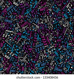 Pink and blue musical notes seamless pattern over dark background, vector vintage style illustration.