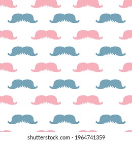 Pink and blue mustache vector seamless repeating pattern with white background. Greate as a textile print, fabric, wallpaper, background or packaging. Surface pattern design.