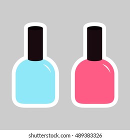 Pink blue nail polish varnish sticker icon set Gray background Isolated Fashion Template Flat design. Vector illustration