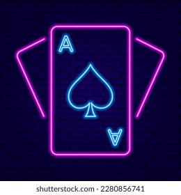 Pink and Blue Neon Ace of Spades Card Suit on Dark Blue Wall background. Poker and Casino vector illustration