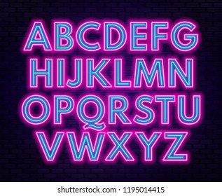 Pink blue neon alphabet on a dark background . Capital letter.