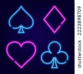 Pink and Blue Neon Broken Line Card Suits for Poker and Casino on dark blue wall background vector illustration