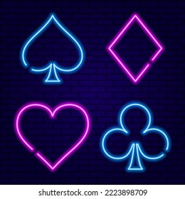 Pink and Blue Neon Broken Line Card Suits for Poker and Casino on dark blue wall background vector illustration